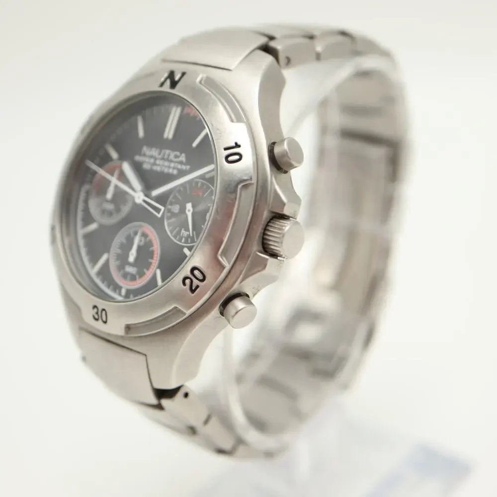 Nautica Mens Stainless Steel 40mm Chronograph Watch 60 min 24-Hr w New Battery
